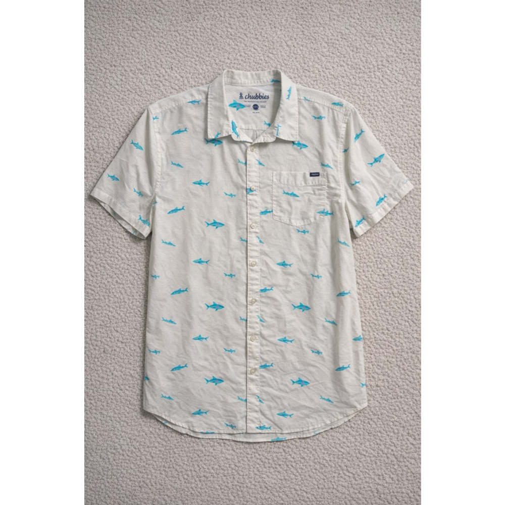 Chubbies Shark Print Button Up Shirt XXL Beach Vacation Hawaiian